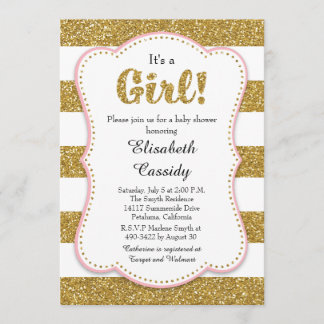 Gold Glitter Girl Baby shower Invitation Kaart