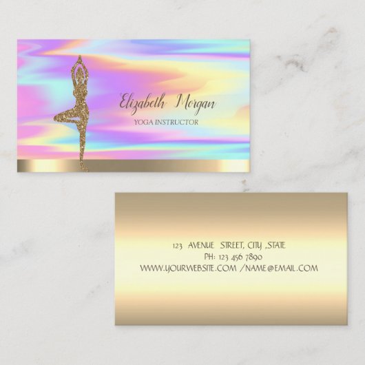 Gold Glitter Girl Yoga Holographic Visitekaartje (Voorkant / Achterkant)