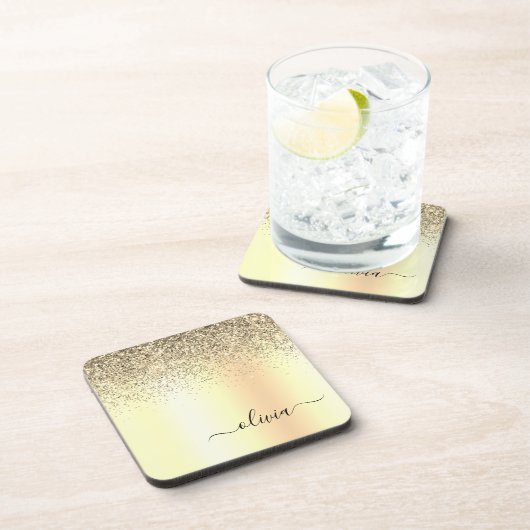 Gold Glitter Girly Luxury Modern Monogram Naam Bier Onderzetter (Rechterzijde)