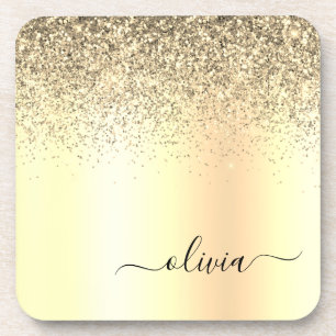 Gold Glitter Girly Luxury Modern Monogram Naam Bier Onderzetter