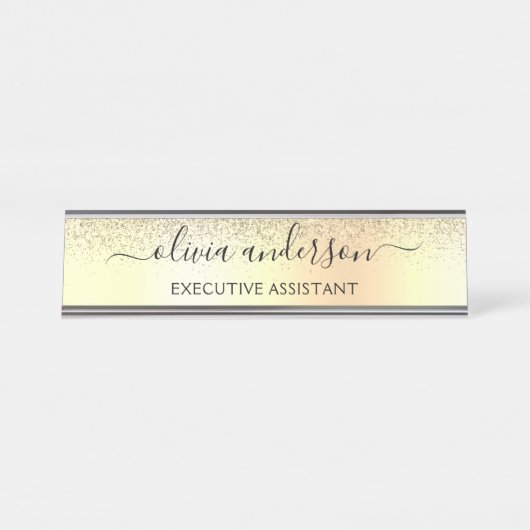 Gold Glitter Girly Luxury Modern Monogram Naam Bureau Naambordje (Voorkant)