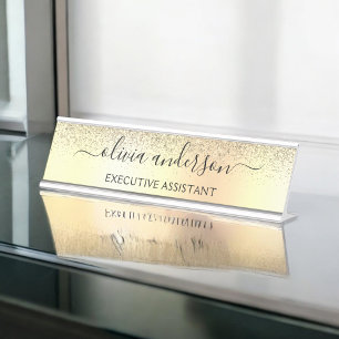 Gold Glitter Girly Luxury Modern Monogram Naam Bureau Naambordje