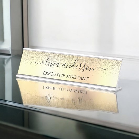 Gold Glitter Girly Luxury Modern Monogram Naam Bureau Naambordje