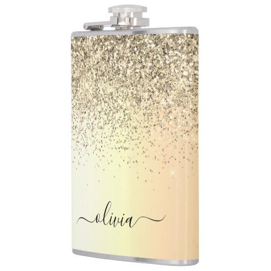 Gold Glitter Girly Luxury Modern Monogram Naam Heupfles (Links)