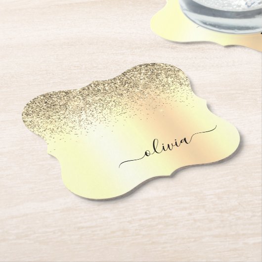 Gold Glitter Girly Luxury Modern Monogram Naam Kartonnen Onderzetters (Gekanteld)