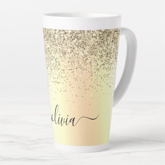 Gold Glitter Girly Luxury Modern Monogram Naam Latte Mok (Rechterhoek)