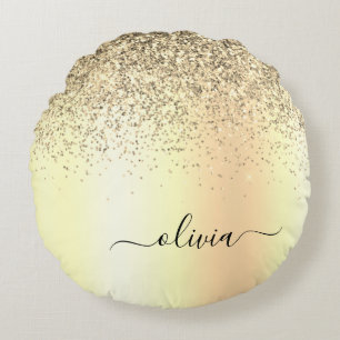 Gold Glitter Girly Luxury Modern Monogram Naam Rond Kussen