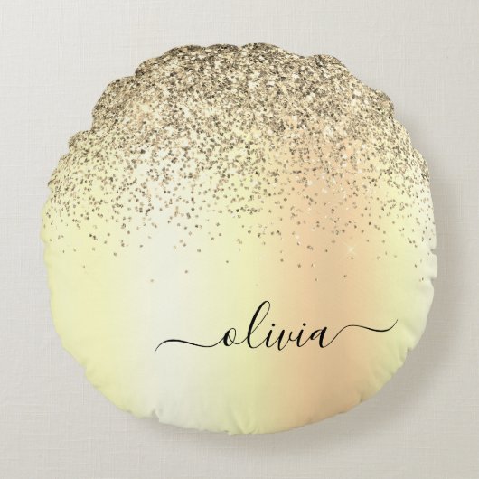 Gold Glitter Girly Luxury Modern Monogram Naam Rond Kussen (Voorkant)