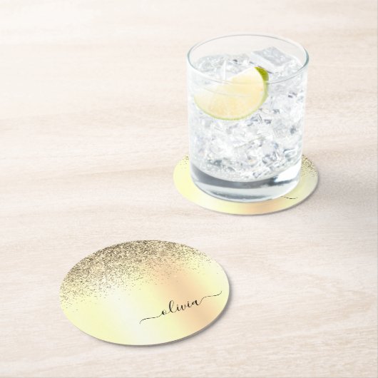 Gold Glitter Girly Luxury Modern Monogram Naam Ronde Kartonnen Onderzetter (Insitu)
