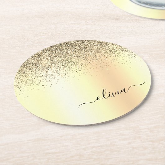 Gold Glitter Girly Luxury Modern Monogram Naam Ronde Kartonnen Onderzetter (Gebogen)