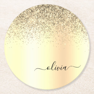 Gold Glitter Girly Luxury Modern Monogram Naam Ronde Kartonnen Onderzetter