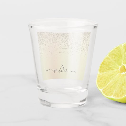 Gold Glitter Girly Luxury Modern Monogram Naam Shot Glas (Achterkant)