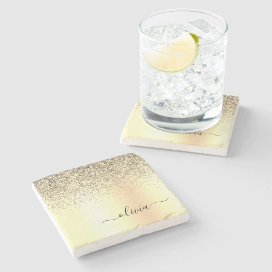 Gold Glitter Girly Luxury Modern Monogram Naam Stenen Onderzetter (Zijkant)