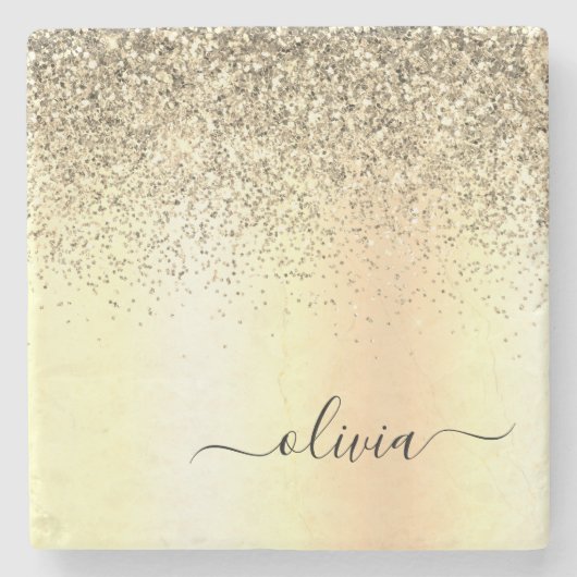 Gold Glitter Girly Luxury Modern Monogram Naam Stenen Onderzetter (Voorkant)