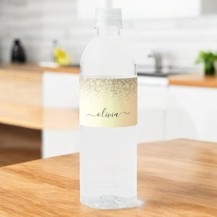 Gold Glitter Girly Luxury Modern Monogram Naam Waterfles Etiket