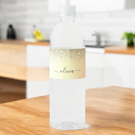 Gold Glitter Girly Luxury Modern Monogram Naam Waterfles Etiket