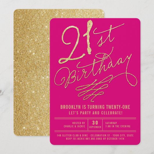 Gold Glitter Glam Adult 21st Birthday Party Invite Kaart (Voorkant / Achterkant)