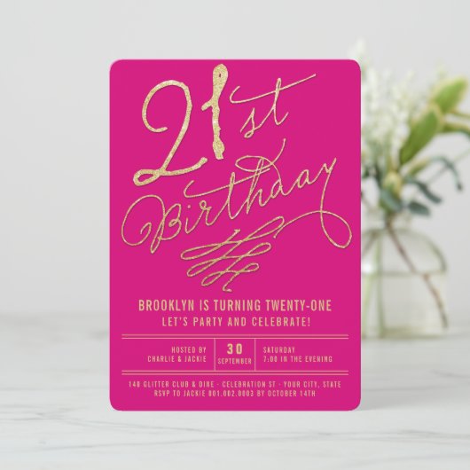 Gold Glitter Glam Adult 21st Birthday Party Invite Kaart (Staand voorkant)