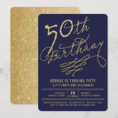 Gold Glitter Glam Adult 50th Birthday Party Invite Kaart (Voorkant / Achterkant)
