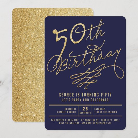 Gold Glitter Glam Adult 50th Birthday Party Invite Kaart (Voorkant / Achterkant)