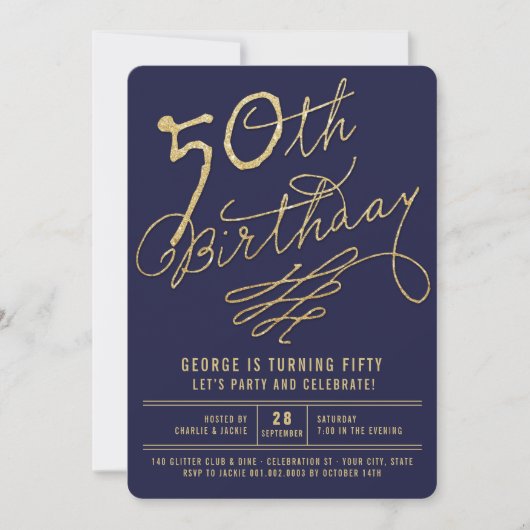 Gold Glitter Glam Adult 50th Birthday Party Invite Kaart (Voorkant)