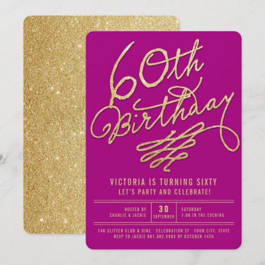 Gold Glitter Glam Adult 60th Birthday Party Invite Kaart (Voorkant / Achterkant)