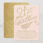 Gold Glitter Glam Blush 21st Birthday Party Invite Kaart (Voorkant / Achterkant)