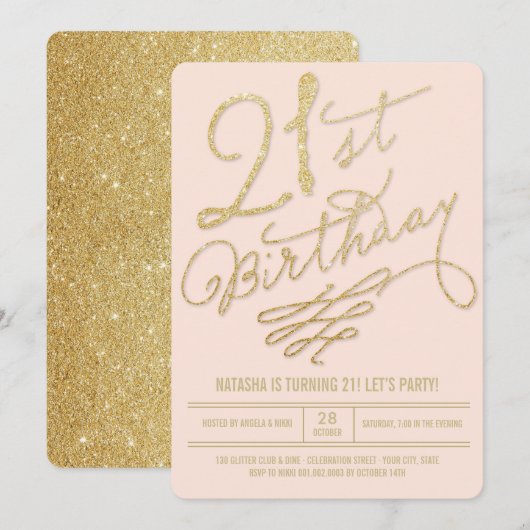 Gold Glitter Glam Blush 21st Birthday Party Invite Kaart (Voorkant / Achterkant)