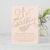 Gold Glitter Glam Blush 21st Birthday Party Invite Kaart (Staand voorkant)