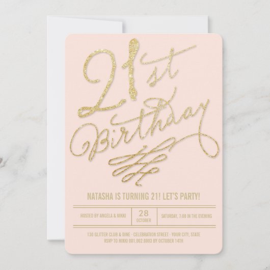 Gold Glitter Glam Blush 21st Birthday Party Invite Kaart (Voorkant)