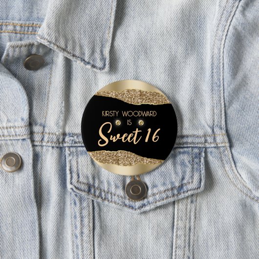 Gold Glitter Glam Edge & Diamonds Sweet 16 Ronde Button 7,6 Cm (In situ)