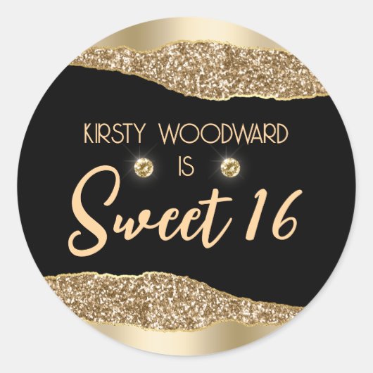 Gold Glitter Glam Edge & Diamonds Sweet 16 Ronde Sticker (Voorkant)