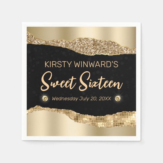 Gold Glitter Glam Edge & Diamonds Sweet 16 Servet (Voorkant)