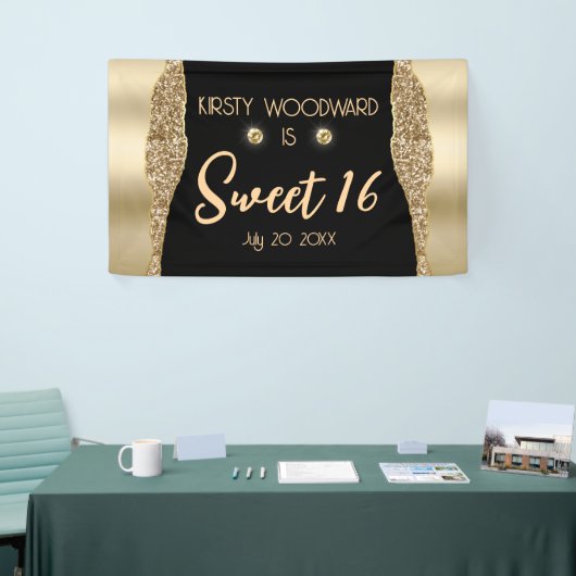 Gold Glitter Glam Edge & Diamonds Sweet 16 Spandoek (Beurs)