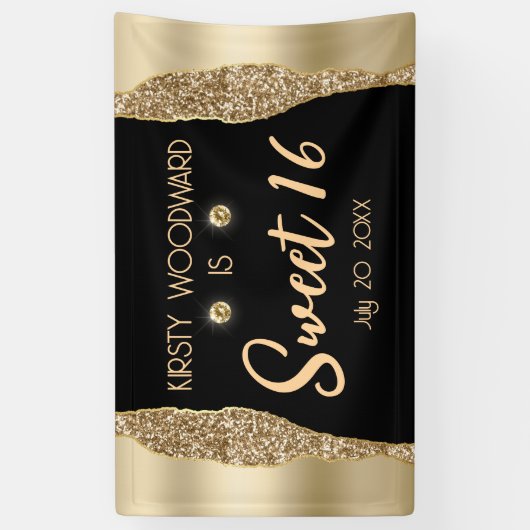 Gold Glitter Glam Edge & Diamonds Sweet 16 Spandoek (Verticaal)