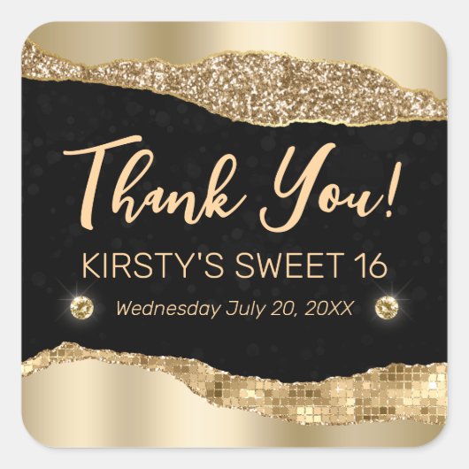 Gold Glitter Glam Edge & Diamonds Sweet 16 Vierkante Sticker (Voorkant)