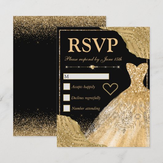 Gold Glitter Glam Edges & Dress Sweet 16 RSVP Kaartje (Voorkant / Achterkant)