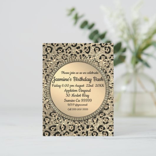 Gold Glitter Glam Leopard Print Briefkaart (Staand voorkant)