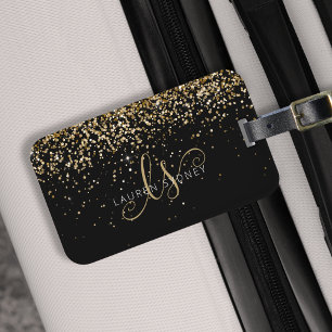 Gold Glitter Glam Monogram Naam Bagagelabel