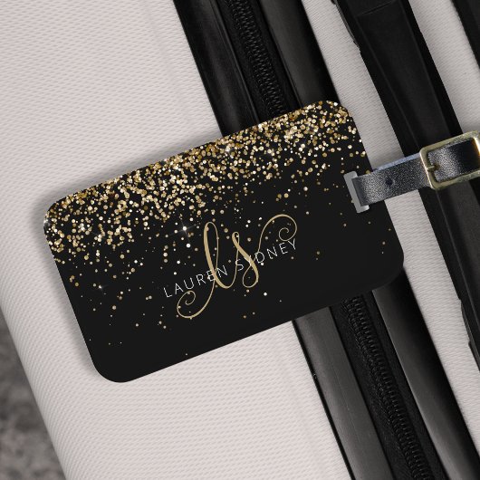 Gold Glitter Glam Monogram Naam Bagagelabel