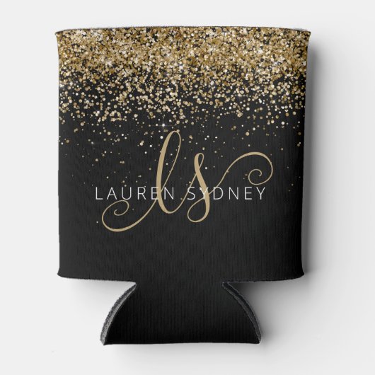 Gold Glitter Glam Monogram Naam Blikjeskoeler (Voorkant)