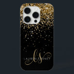 Gold Glitter Glam Monogram Naam iPhone 15 Pro Case<br><div class="desc">Glam Gold Glitter Elegant Monogram iPhone Case. Pas dit trendy chic phone case-ontwerp met elegante gouden mousserende glitter op een zwarte achtergrond eenvoudig aan. Het ontwerp kenmerkt uw handgeschreven manuscriptmonogram met  draden en naam.</div>