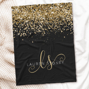 Gold Glitter Glam Monogram Naam Fleece Deken