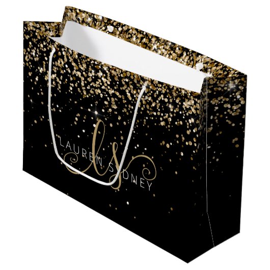Gold Glitter Glam Monogram Naam Groot Cadeauzakje (Voorkant Gekanteld)
