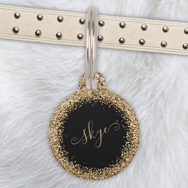 Gold Glitter Glam Monogram Naam Huisdierpenning (Creator heeft geüpload)