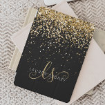 Gold Glitter Glam Monogram Naam iPad Mini Cover<br><div class="desc">Glam Gold Glitter Elegant Monogram iPad Cover. Pas deze trendy tablet eenvoudig aan met een design met elegante gouden mousserende glitter op een zwarte achtergrond. Het ontwerp kenmerkt uw handgeschreven manuscriptmonogram met  cirkels en jouw naam.</div>