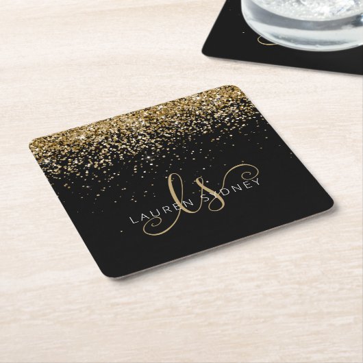 Gold Glitter Glam Monogram Naam Kartonnen Onderzetters (Schuin)
