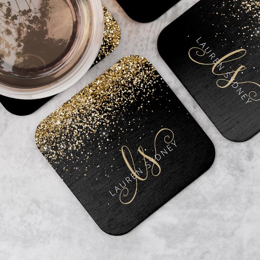 Gold Glitter Glam Monogram Naam Kartonnen Onderzetters