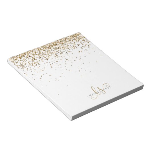 Gold Glitter Glam Monogram Naam Notitieblok (Schuin)