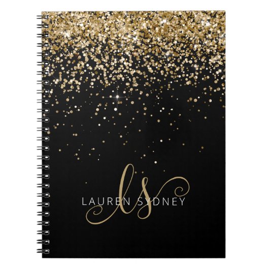 Gold Glitter Glam Monogram Naam Notitieboek (Voorkant)